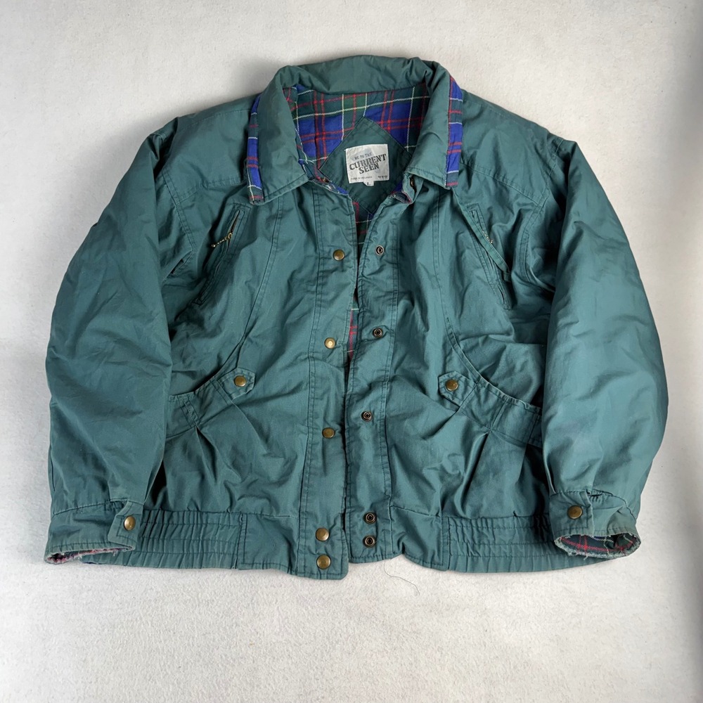 80s Current Seen Vintage Mens Teal Plaid Lined Bomber Jacket RN Large Green